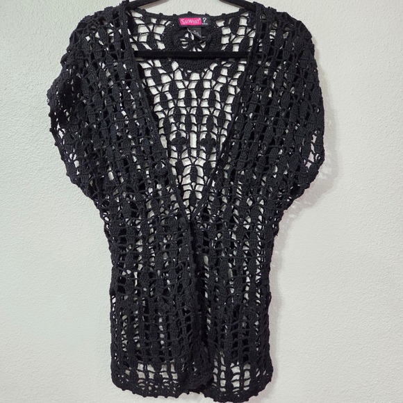 Y2k Say What? Open Knit crochet style black short sleeve cardigan size Medium - Picture 4 of 7